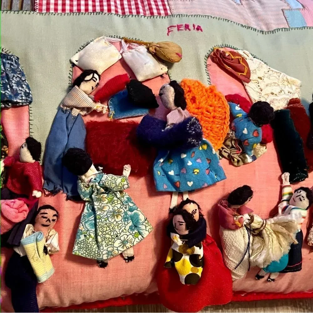 Vintage Peruvian Arpillera Feria 3D Folk Art Handmade Tapestry Pillow Crochet
